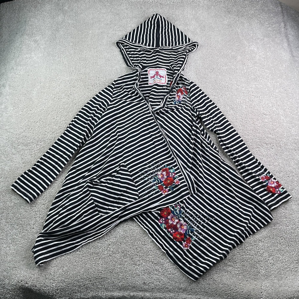 Johnny Was Cardigan Womens XS Black White Striped Floral Embroidered Hooded